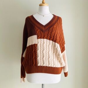 Colorblock Cable V-Neck Sweater in Rust and Cream